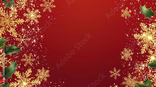 Festive gold snowflakes and holly leaves dancing on a deep red background, perfect for holiday season designs and celebrations