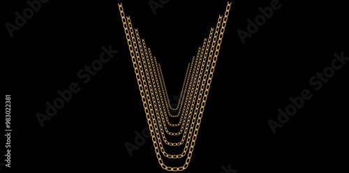Multilayer Trendy Gold Chains On Black Background, Unique Fine Jewelry Neck Design Vector Illustration.	
