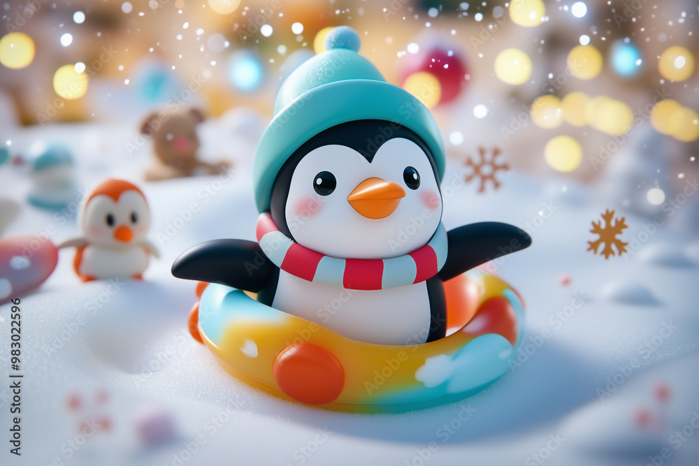 Playful cartoon penguin wearing a blue hat and scarf happily sitting in a colorful inflatable ring in a snowy setting Playful cartoon penguin wearing a blue hat and scarf happily sitting in a colorful inflatable ring in a snowy setting