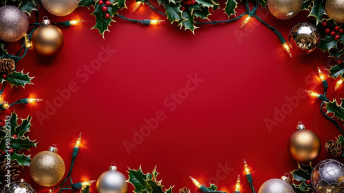 Festive arrangement of Christmas decorations including ornaments, pinecones, holly, and twinkling lights on a red background