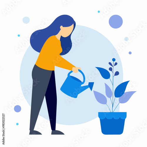 A woman is watering a plant with a blue watering can. Concept of nurturing and care for the plant, as well as the importance of taking care of living things