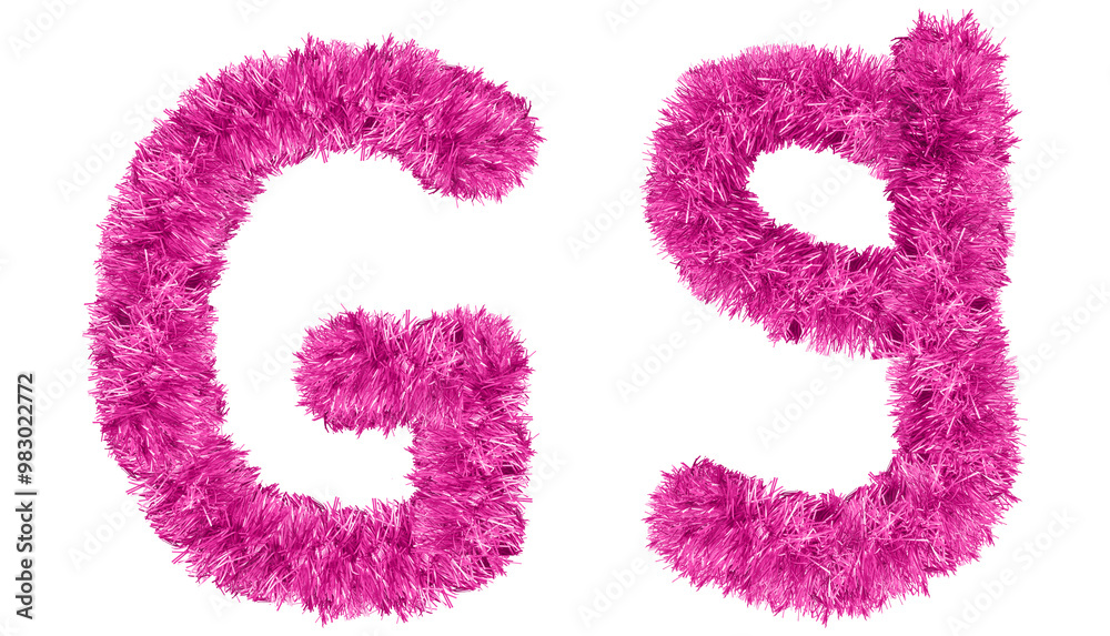 letter G made from New Year's tinsel, isolated Christmas tinsel, tinsel garland letter G made from New Year's tinsel, isolated Christmas tinsel, tinsel garland