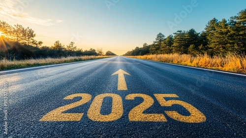  A long, empty asphalt road leads into the distance, with the yellow numbers 