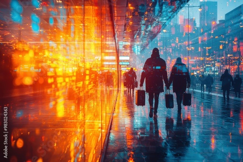 Blurred crowd people walking in train station. Double exposure. Business abstract background. Technology wallpaper