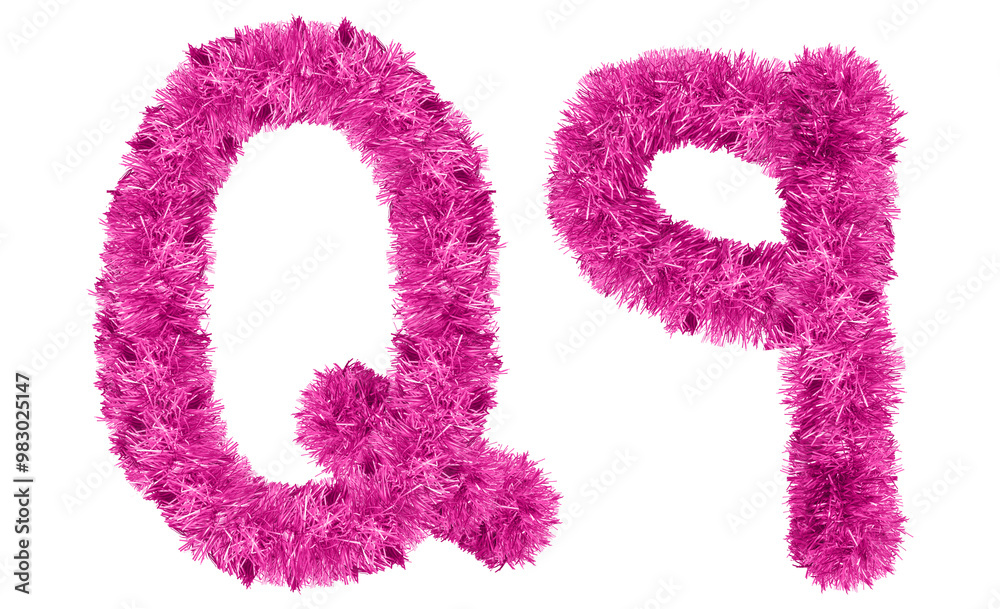 letter Q made from New Year's tinsel, isolated Christmas tinsel, tinsel garland letter Q made from New Year's tinsel, isolated Christmas tinsel, tinsel garland