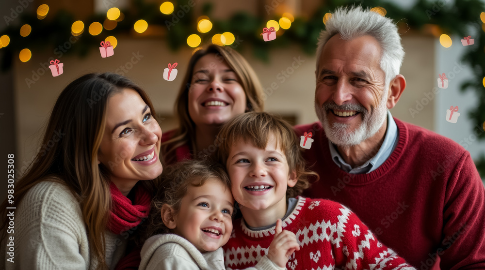 A joyful family gathers in a warmly decorated living room, sharing smiles and laughter. Holiday decorations include twinkling lights and colorful gifts, creating a festive atmosphere A joyful family gathers in a warmly decorated living room, sharing smiles and laughter. Holiday decorations include twinkling lights and colorful gifts, creating a festive atmosphere