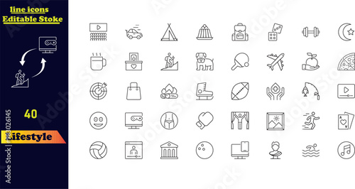 Editable stroke icon set for lifestyle, featuring icons for exercise, diet, running, yoga, habits, self-care, sleep, fitness, culture, and relationships.