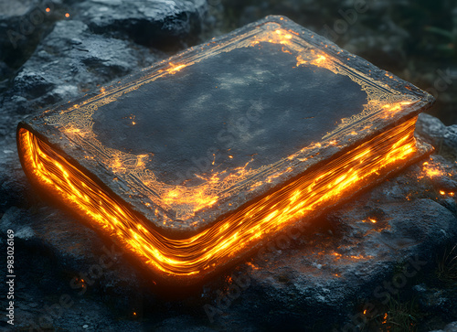 A Large Open Glowing Book with Gold Edges Lies on the Table, Emitting a Warm and Radiant Light, Symbolizing Knowledge and Wisdom in an Elegant Setting