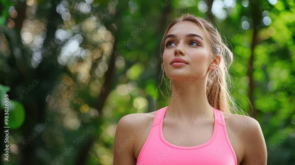 Young woman in sportswear, catching breath after intense exercise, Fitness Motivation, Health Goals Young woman in sportswear, catching breath after intense exercise, Fitness Motivation, Health Goals