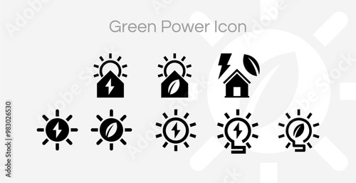 Green electricity and battery for sustainable power energy icon set