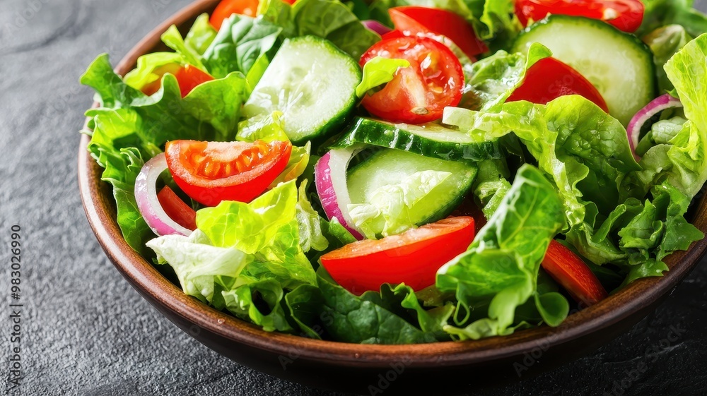 A fresh and vibrant salad filled with crisp lettuce, cherry tomatoes, and cucumber slices, perfect for a healthy meal. A fresh and vibrant salad filled with crisp lettuce, cherry tomatoes, and cucumber slices, perfect for a healthy meal.