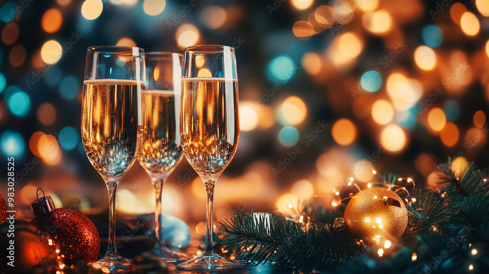 New Year's Eve celebration with champagne glasses and party decorations background New Year's Eve celebration with champagne glasses and party decorations background
