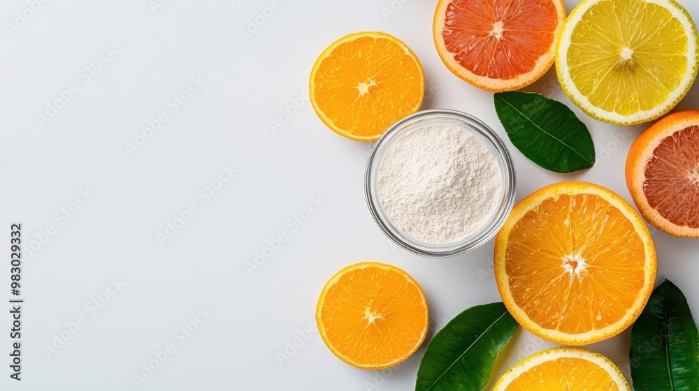 Flatlay of vitamin C powder, fresh citrus, and glass of water, immune system support, health boost flatlay Flatlay of vitamin C powder, fresh citrus, and glass of water, immune system support, health boost flatlay