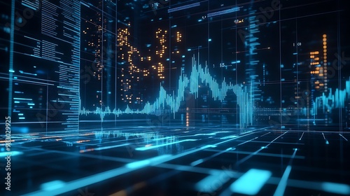 Vibrant Data Visualization: Financial and Technological Analytics with Neon Grid Highlights
