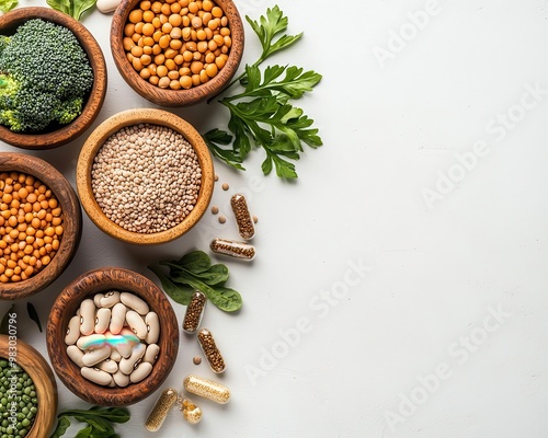 Wallpaper Mural Flatlay of vegan supplements with legumes and green vegetables, plant-based nutrition, vegan flatlay Torontodigital.ca