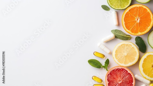 A flatlay of vitamin pills, sliced fruits, and herbs, showing the synergy between natural and supplemental nutrition, health balance, nutrition flatlay