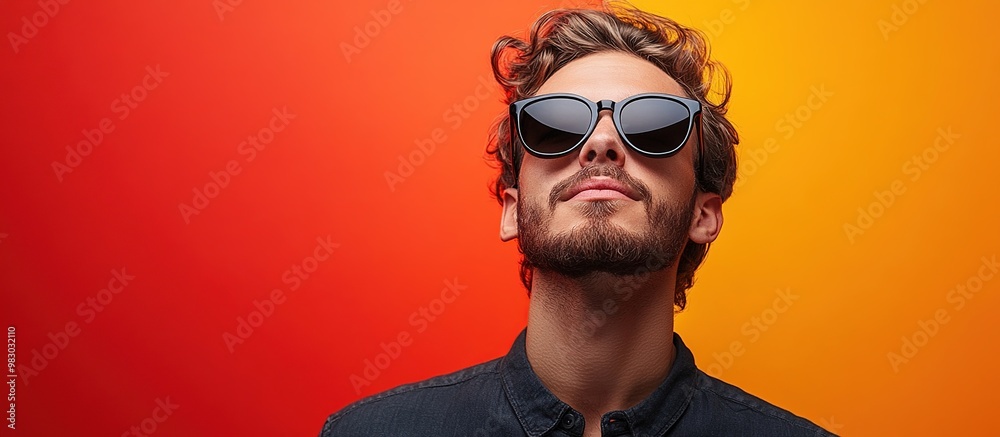 Man with Sunglasses and Wavy Hair Looking Up In Front Of Colorful Background. Copy Space For Add Text. Generate Ai Image Man with Sunglasses and Wavy Hair Looking Up In Front Of Colorful Background. Copy Space For Add Text. Generate Ai Image