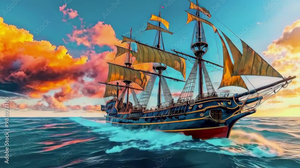 Beautiful old sailboat in sunset rays on the sea, old sailing brigantine Beautiful old sailboat in sunset rays on the sea, old sailing brigantine