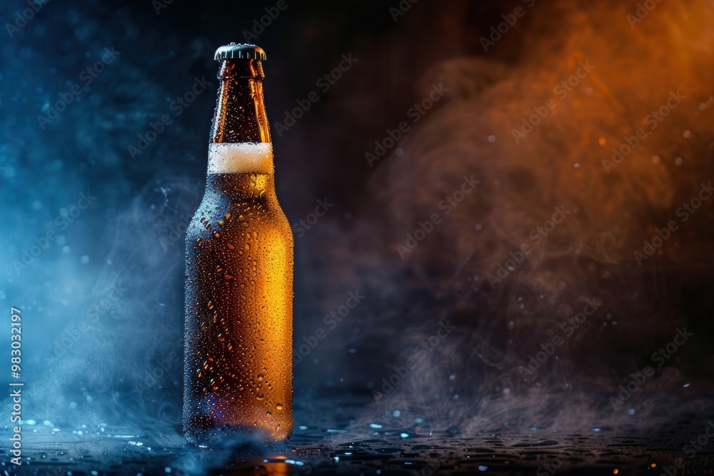 Cold beer bottle with condensation details, illuminated by a single spotlight