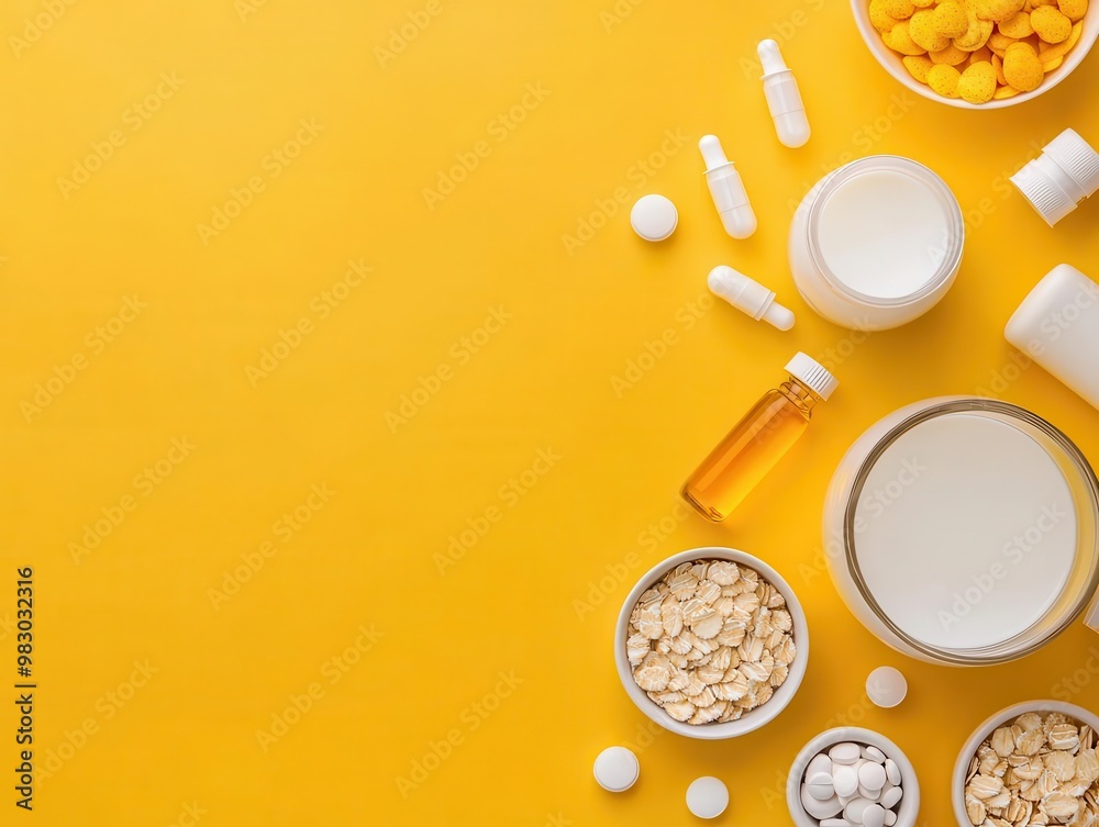 Flatlay of vitamin D drops with milk and cereals, bone strength, nutrition flatlay Flatlay of vitamin D drops with milk and cereals, bone strength, nutrition flatlay
