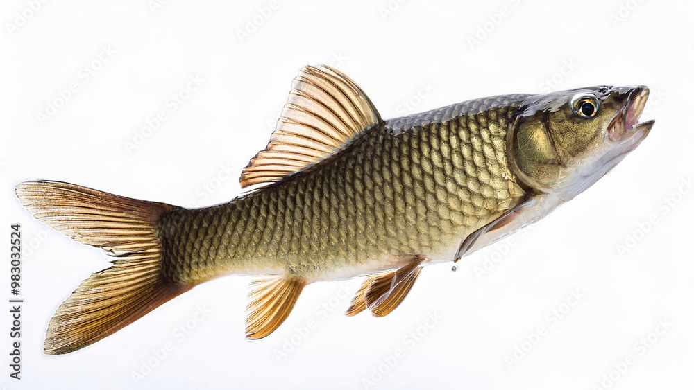 Apenas um peixe de lagoa flutuando no ar isolado em fundo branco. Escamas, alimento, ômega 3, saúde. Apenas um peixe de lagoa flutuando no ar isolado em fundo branco. Escamas, alimento, ômega 3, saúde.