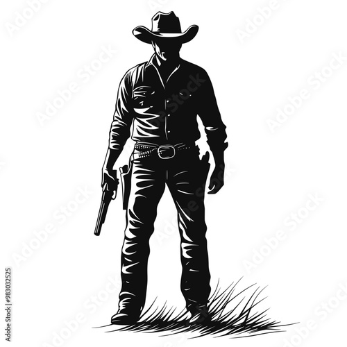vector silhouette of a cowboy with a gun on a white background .Generative AI