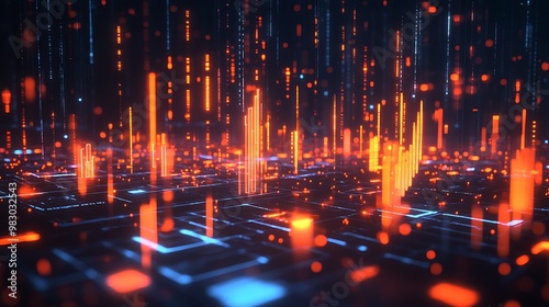 Vibrant Data Visualization: Financial and Technological Analytics with Neon Grid Highlights