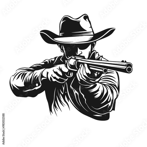 vector silhouette of a cowboy with a gun on a white background .Generative AI