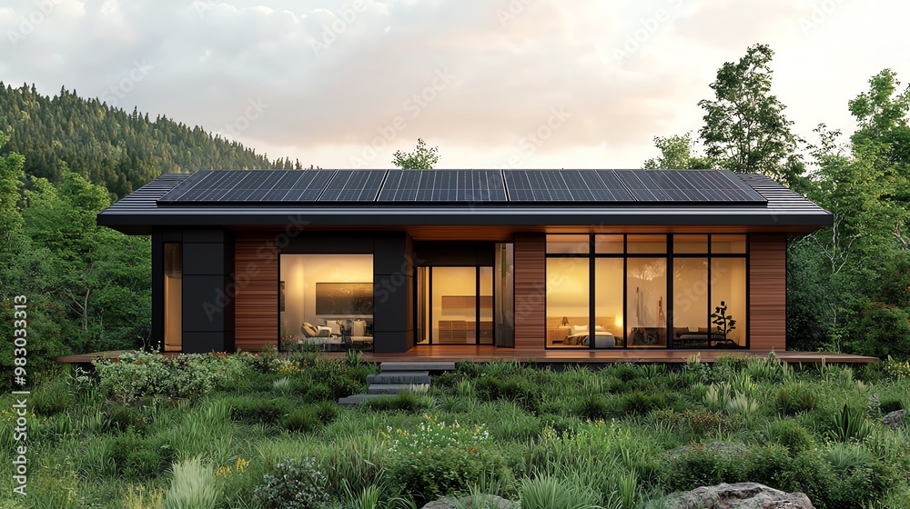 Modern house surrounded by greenery, showcasing large windows and a sleek design, perfect for nature lovers and architecture enthusiasts. Modern house surrounded by greenery, showcasing large windows and a sleek design, perfect for nature lovers and architecture enthusiasts.