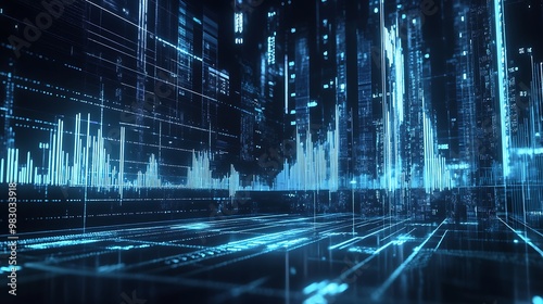 Vibrant Data Visualization: Financial and Technological Analytics with Neon Grid Highlights