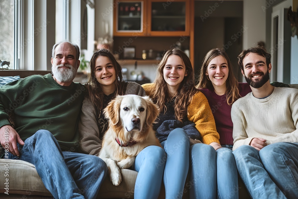 portrait of smiling happy family in the living room, including parents, children and dog portrait of smiling happy family in the living room, including parents, children and dog