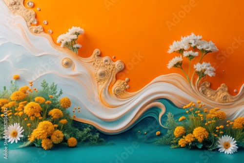 amazing background symbiosis of flowing acrylic paint and natural elements 