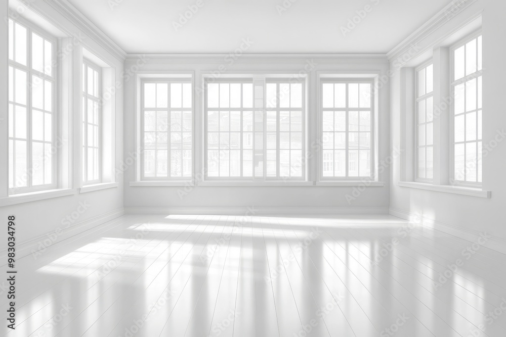 Fototapeta premium A bright, white room with large windows, perfect for a minimalist design.