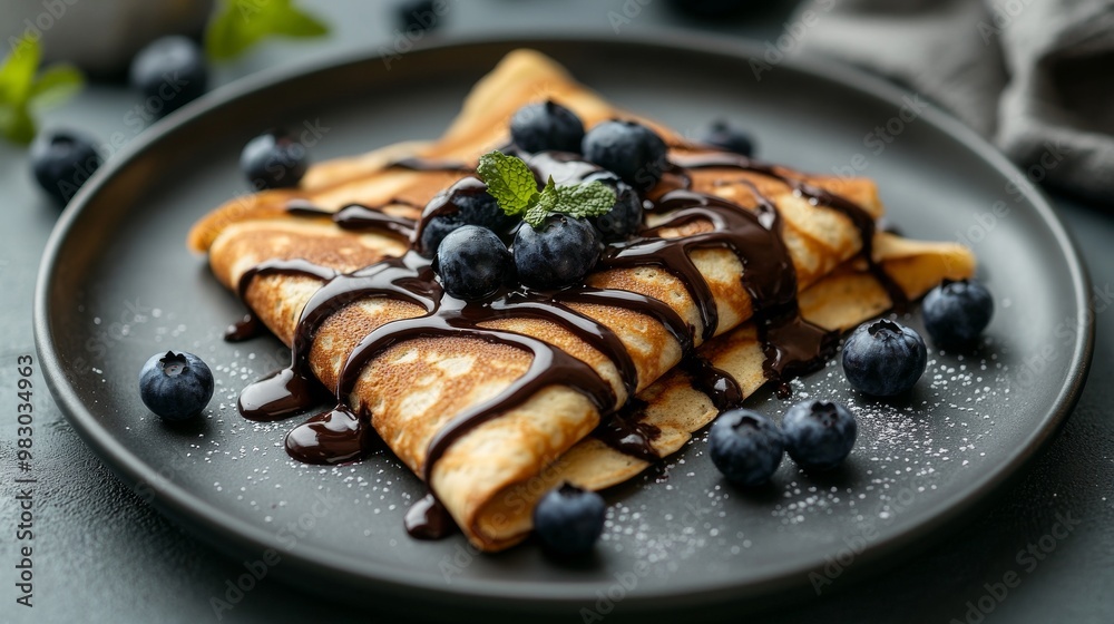 Crepes, thin pancakes with chocolate sauce and fresh blueberries. Grey background. Close up. Crepes, thin pancakes with chocolate sauce and fresh blueberries. Grey background. Close up.
