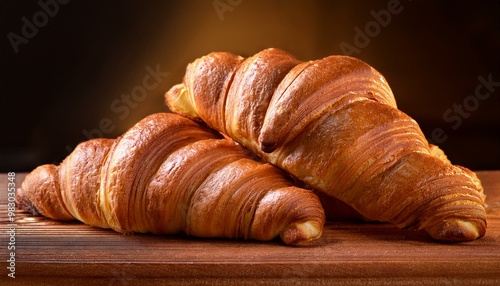 Freshly baked croissant on wooden table; fresh French croissants on a wooden platter; food photography; blurred background; selective focus; French bakery