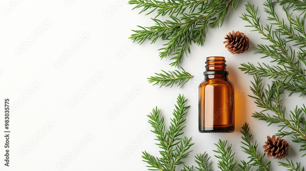Essential Oil Bottle with Pine Branches Essential Oil Bottle with Pine Branches
