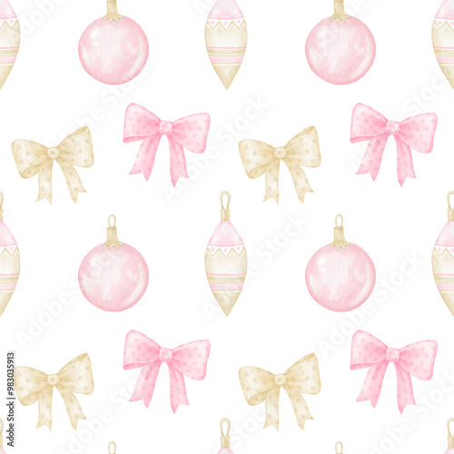Watercolor seamless pattern with pink Christmas tree toys and bows on a white background. Cute illustration for textiles and wrapping paper