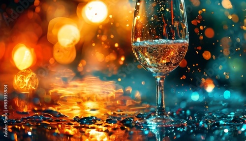 A glass of champagne captures the golden reflections of sparkling bokeh lights in the background. This festive and elegant setting is perfect for celebrations, with the vibrant colors adding to the