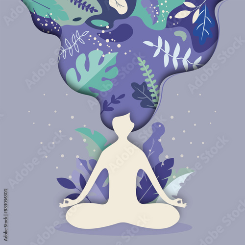 Papercut Meditation Scene with Woman Surrounded by Lush Greenery in Soft Purple Tones - Unity with Nature and Tranquility