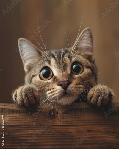 Adorable Curious Cat Peeking Over a Wooden Surface with Wide Eyes photo