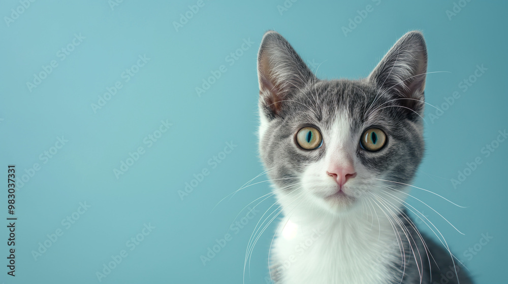 Inquisitive Gray and White Kitten Staring Against a Soft Blue Background Inquisitive Gray and White Kitten Staring Against a Soft Blue Background