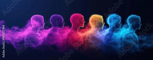 Abstract human figures made of flowing light trails, energetic imagination, colorful conceptual art