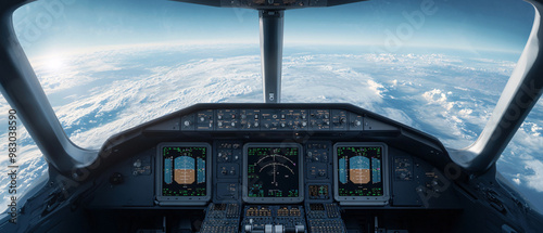 Aerial view from airplane cockpit, scenic cloud formations.