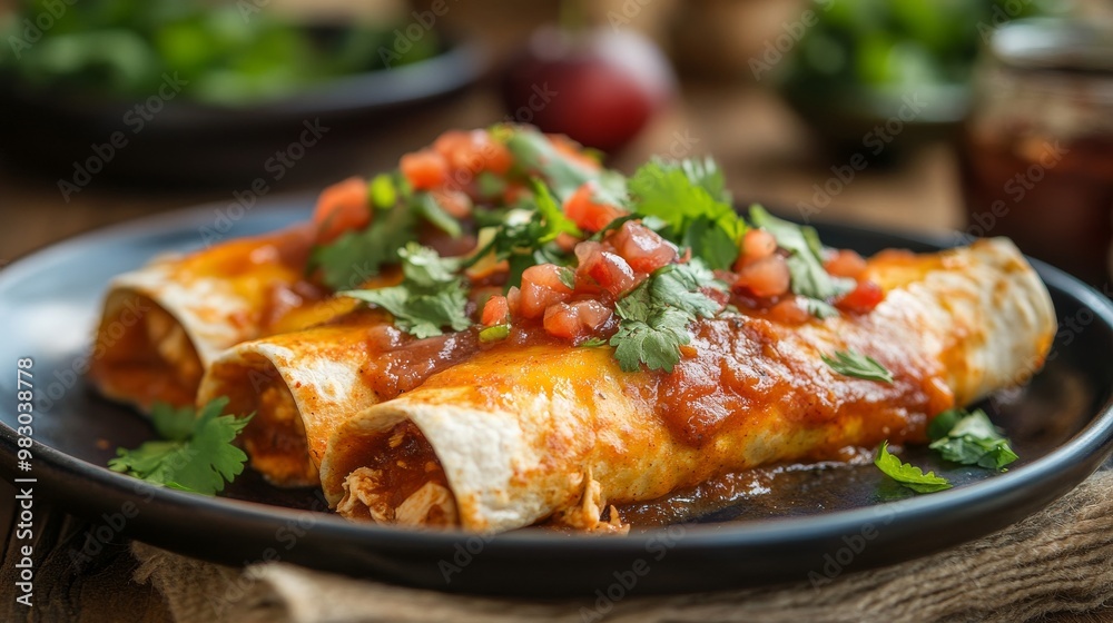 Enchiladas de Pollo con Salsa de Ciruela: Chicken-filled enchiladas topped with a rich and tangy plum sauce, creating a unique flavor. Enchiladas de Pollo con Salsa de Ciruela: Chicken-filled enchiladas topped with a rich and tangy plum sauce, creating a unique flavor.