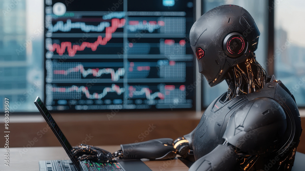 Fototapeta premium A humanoid robot analyzing stock market data on a laptop screen in a modern office environment.