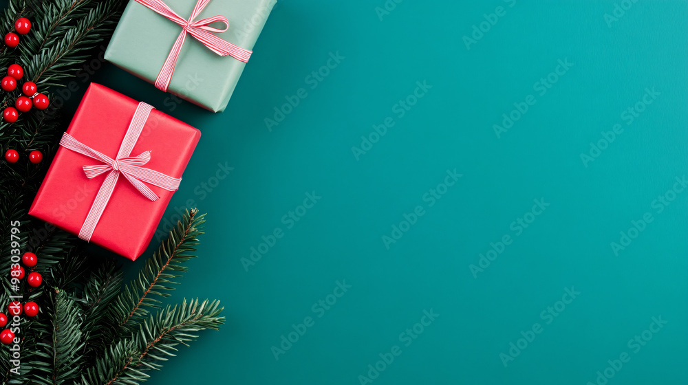 Christmas gifts on a teal background with festive decorations. Christmas gifts on a teal background with festive decorations.