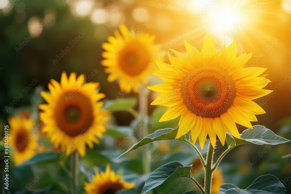 Obraz premium Vibrant sunflowers amid lush greenery showcasing sustainable energy solutions for a greener future