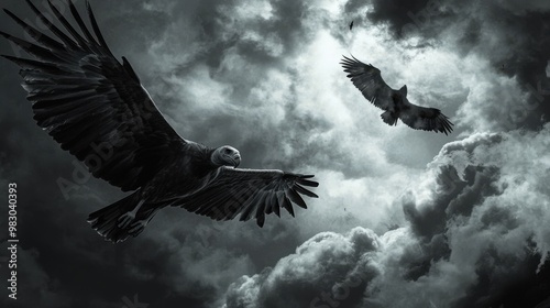 Vultures Circling: Menacing Birds of Prey Looming in the Clouds photo