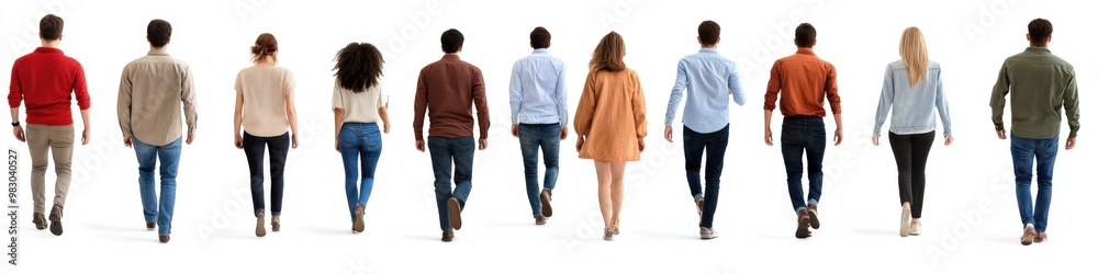 Walking Away. Group of People From Diverse Backgrounds Walking in Back View Isolated on White Background Walking Away. Group of People From Diverse Backgrounds Walking in Back View Isolated on White Background