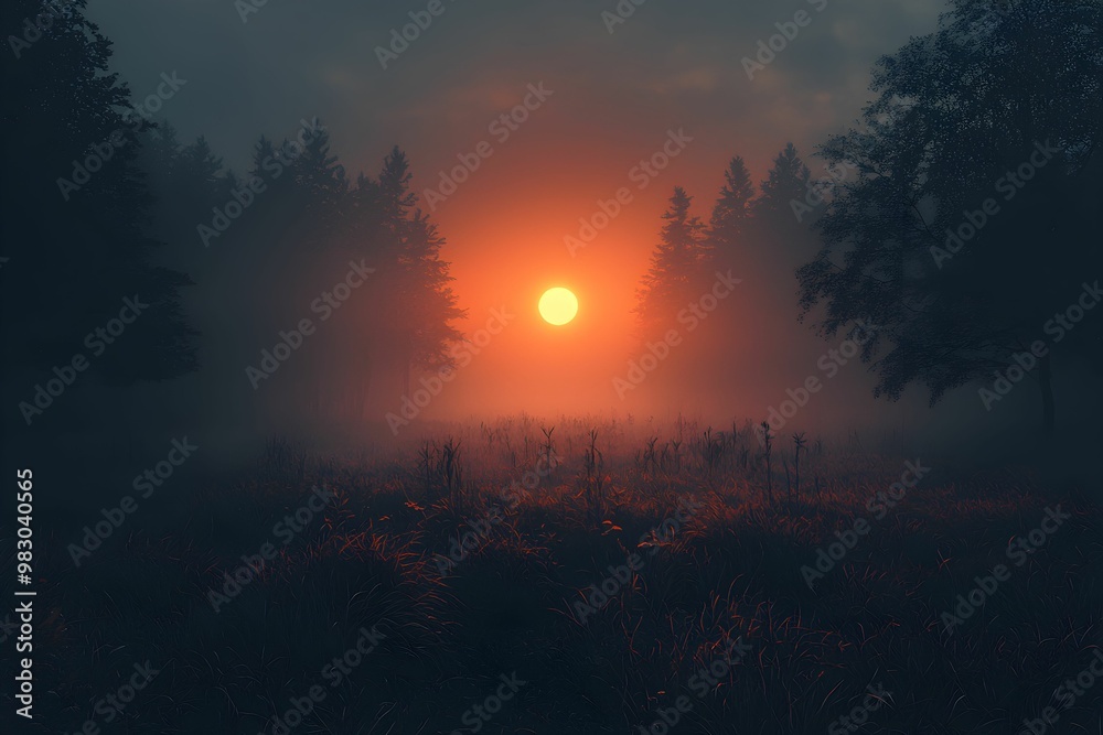 Naklejka premium Misty sunrise over a serene forest landscape at dawn